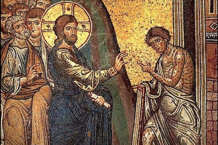 Mosaico bizantino en la Catedral de Monreale representando a Jesús sanando a un leproso.