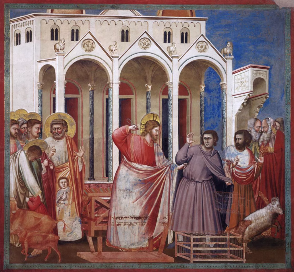 Fresco de Giotto representando a Jesús expulsando a los mercaderes del templo, con figuras en actitud de sorpresa y temor.