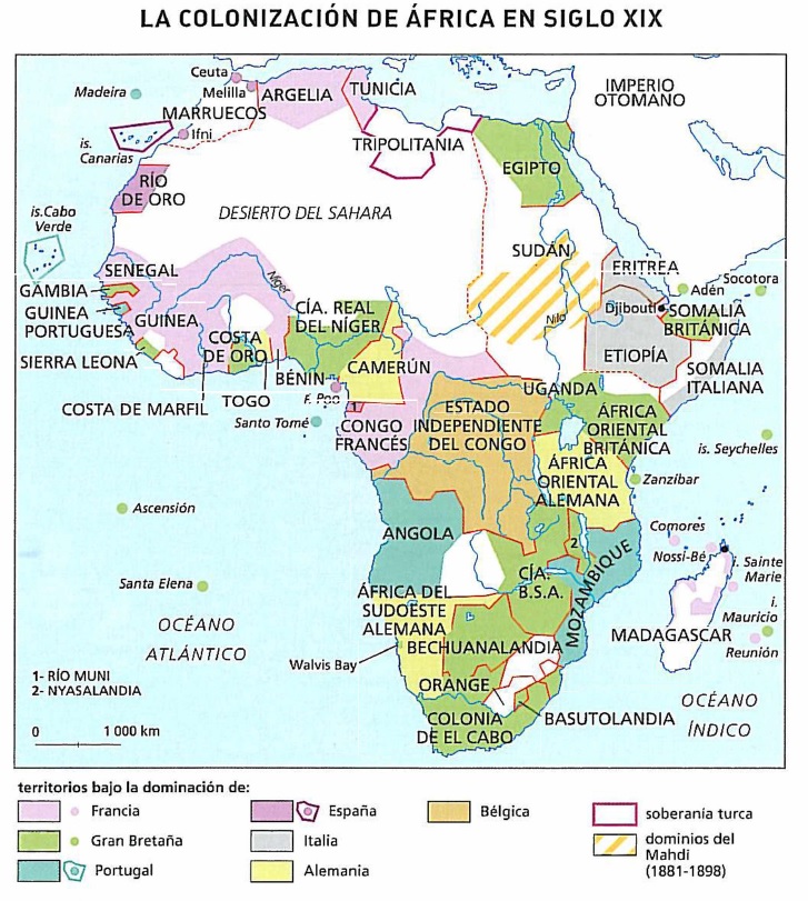 Mapa histórico que muestra la colonización de África en el siglo XIX, destacando los territorios bajo el control de potencias europeas como Francia, Gran Bretaña, Alemania, Italia, Portugal, España y Bélgica.