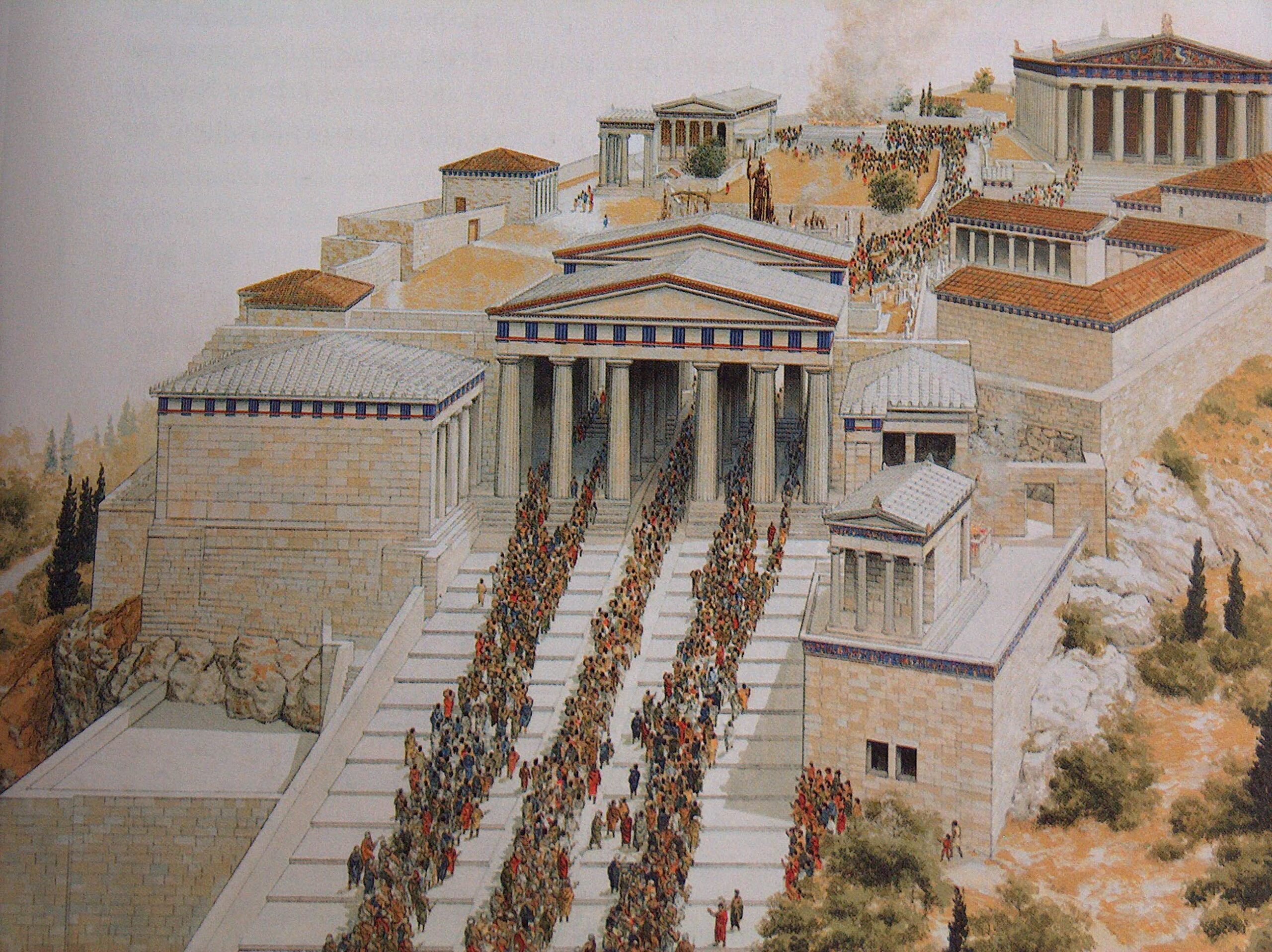 Reconstrucción de la Acrópolis de Atenas, con procesión hacia el templo. Representación de la función simbólica y social de los templos griegos.