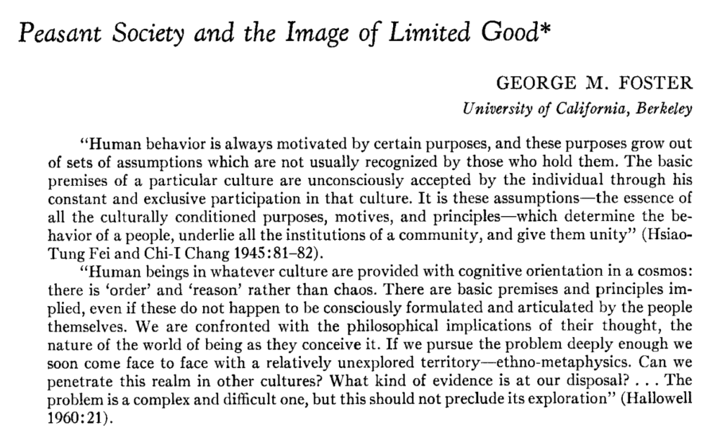 Captura de la primera página del artículo “Peasant Society and the Image of Limited Good” de George M. Foster, con dos citas introductorias sobre la base cultural del comportamiento humano.