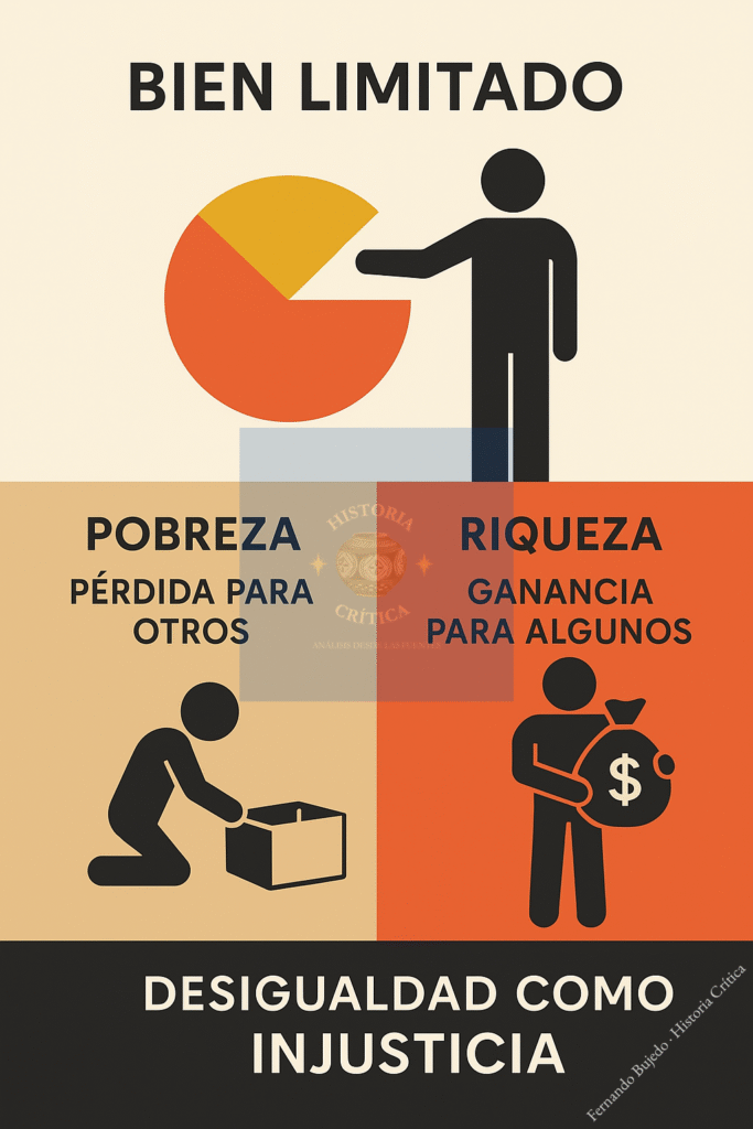 Infografía que representa el concepto de “bien limitado”: una figura toma una porción grande de un gráfico circular (simbolizando los recursos), mientras otras representan pobreza (pérdida para otros) y riqueza (ganancia para algunos), con la frase final “Desigualdad como injusticia”.