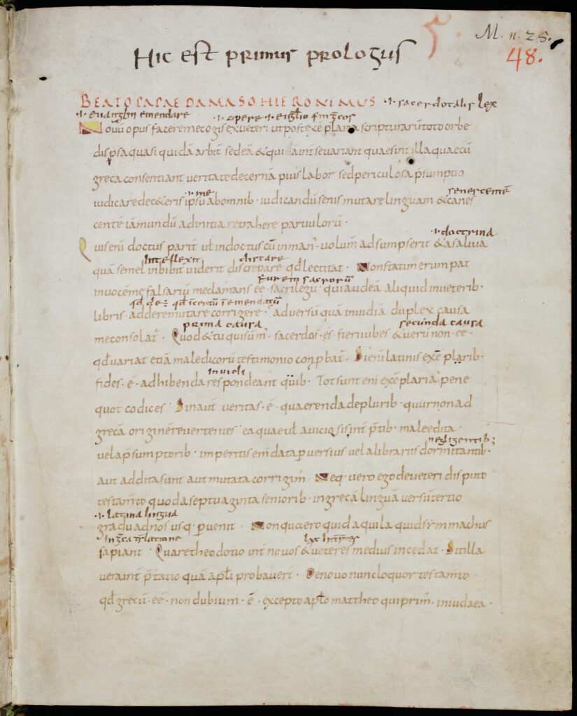Manuscrito del siglo IX con el prólogo de san Jerónimo a la Vulgata dirigido al papa Dámaso I.