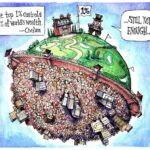 Viñeta satírica que muestra un mundo dividido: una pequeña élite adinerada ocupa un espacio verde y vacío, mientras el resto de la humanidad está hacinado en la otra mitad. El texto indica que el 1% controla el 46% de la riqueza mundial.