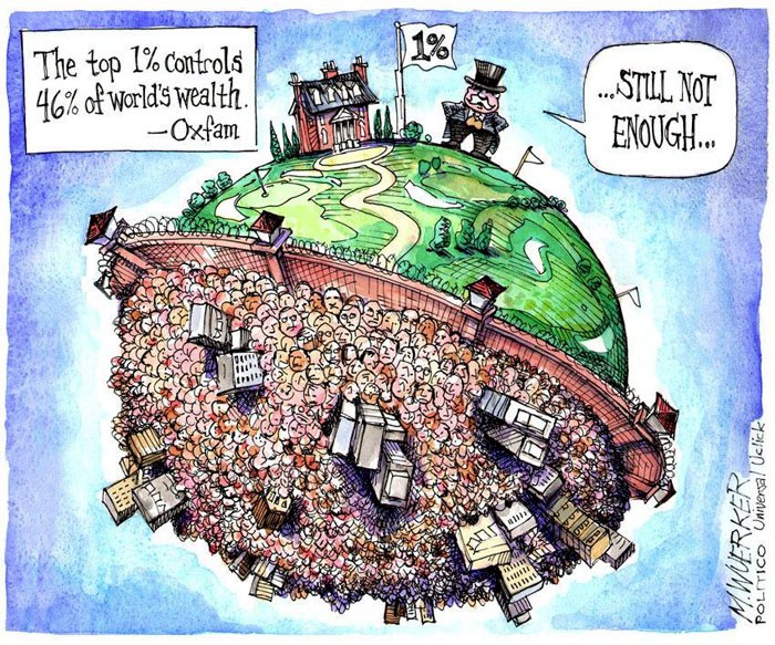 Viñeta satírica que muestra un mundo dividido: una pequeña élite adinerada ocupa un espacio verde y vacío, mientras el resto de la humanidad está hacinado en la otra mitad. El texto indica que el 1% controla el 46% de la riqueza mundial.