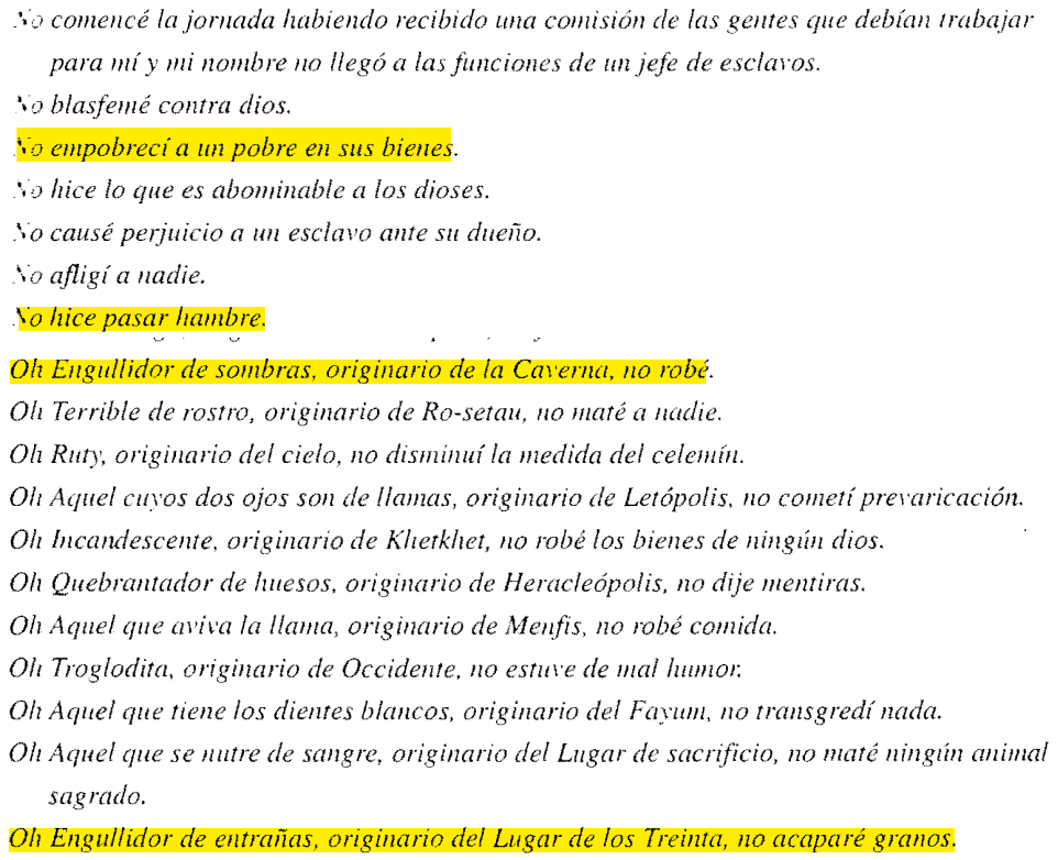 Captura de una traducción al castellano del Libro de los Muertos, capítulo 125, que incluye declaraciones como “no acaparé granos” o “no hice pasar hambre”, enmarcando un ideal moral de justicia social.
