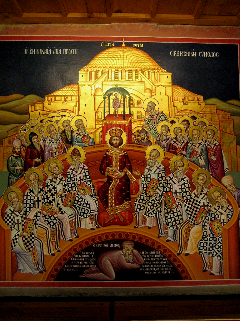 Icono bizantino del Concilio de Nicea con la condena de Arrio, símbolo del conflicto doctrinal que marcó también el ascenso de Dámaso.