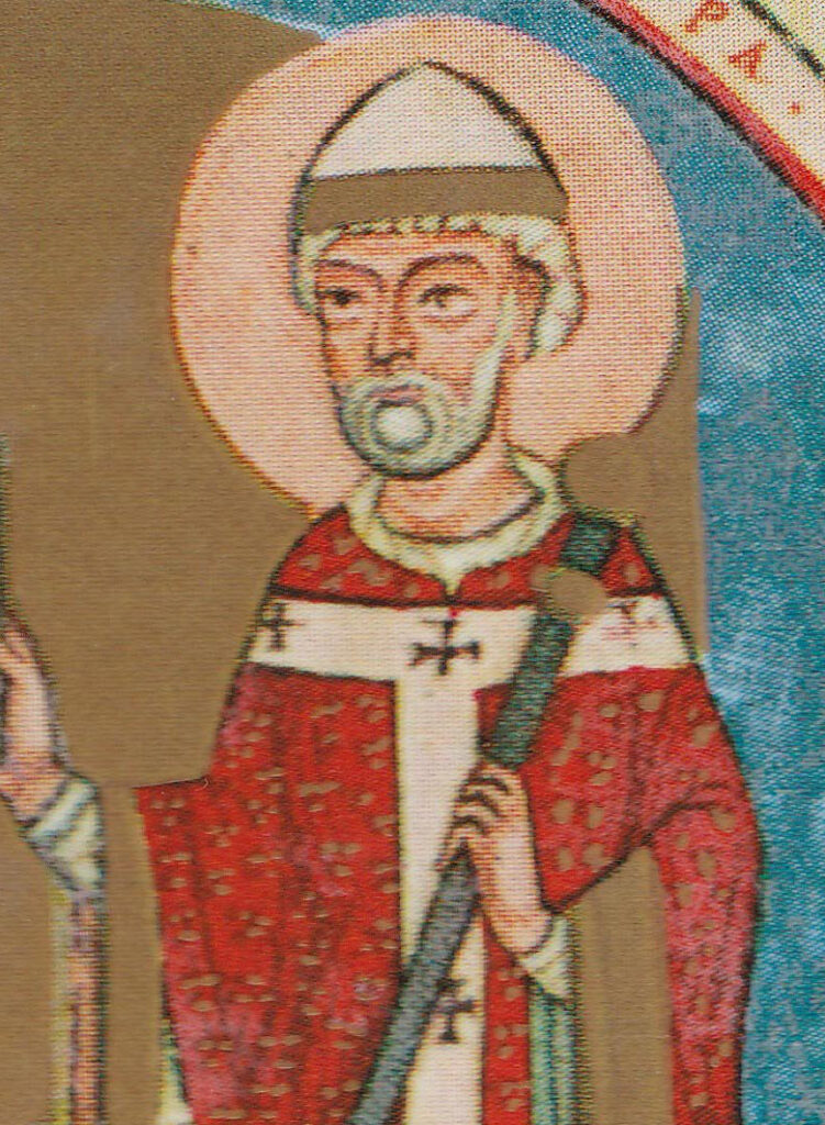 Retrato medieval estilizado del papa Dámaso I, con vestimenta pontificia y nimbo, imagen procedente de Wikimedia Commons.