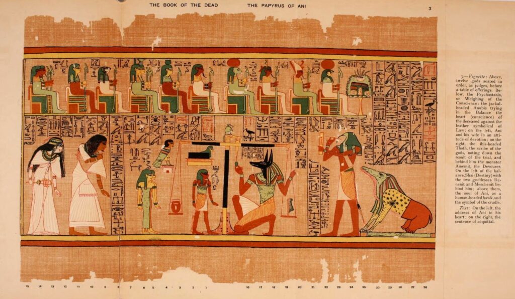 Ilustración del juicio del alma en el antiguo Egipto: Anubis pesa el corazón de un difunto frente a la pluma de Maat, mientras Thot registra el resultado y Ammit espera. Doce dioses sentados actúan como tribunal.