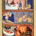 Imagen medieval de la parábola del hombre rico y Lázaro, con escenas del banquete, el paraíso y el infierno.
