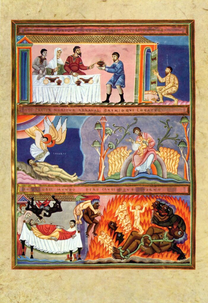 Imagen medieval de la parábola del hombre rico y Lázaro, con escenas del banquete, el paraíso y el infierno.