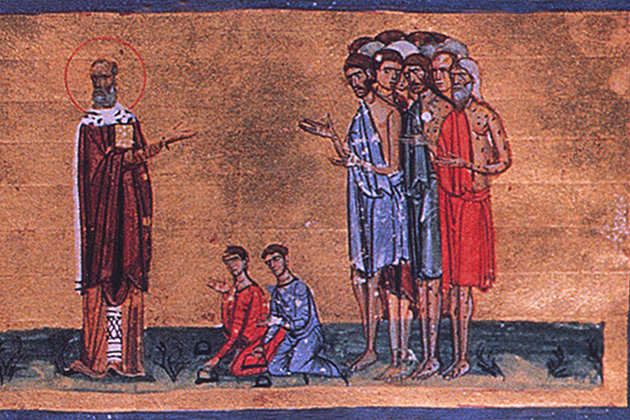 Miniatura bizantina que muestra a Gregorio Nacianceno exhortando a cristianos aristocráticos a dar limosna a los leprosos, siglo IV.