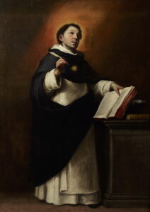 Retrato de Santo Tomás de Aquino con un libro y una pluma, símbolo de su labor teológica y escolástica.