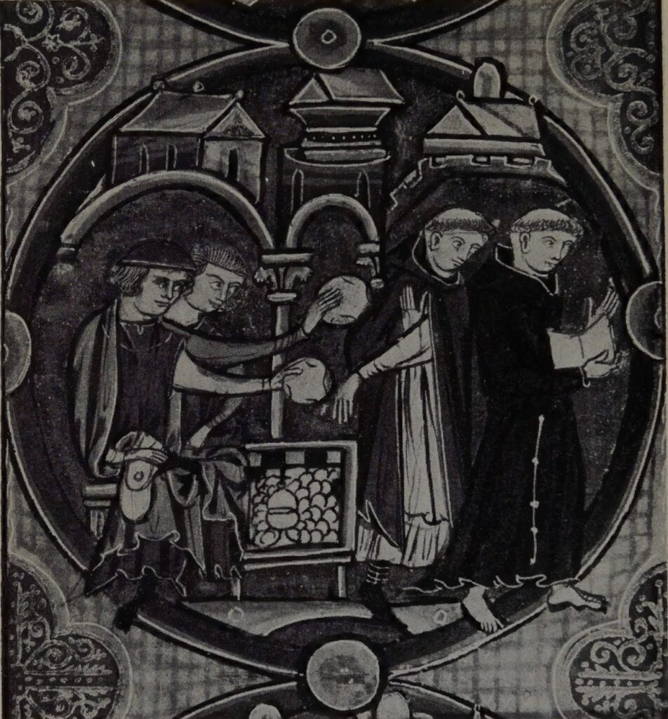 Dominico y franciscano rechazando ofrendas de usureros – Biblia moralizada (París, ca. 1250).