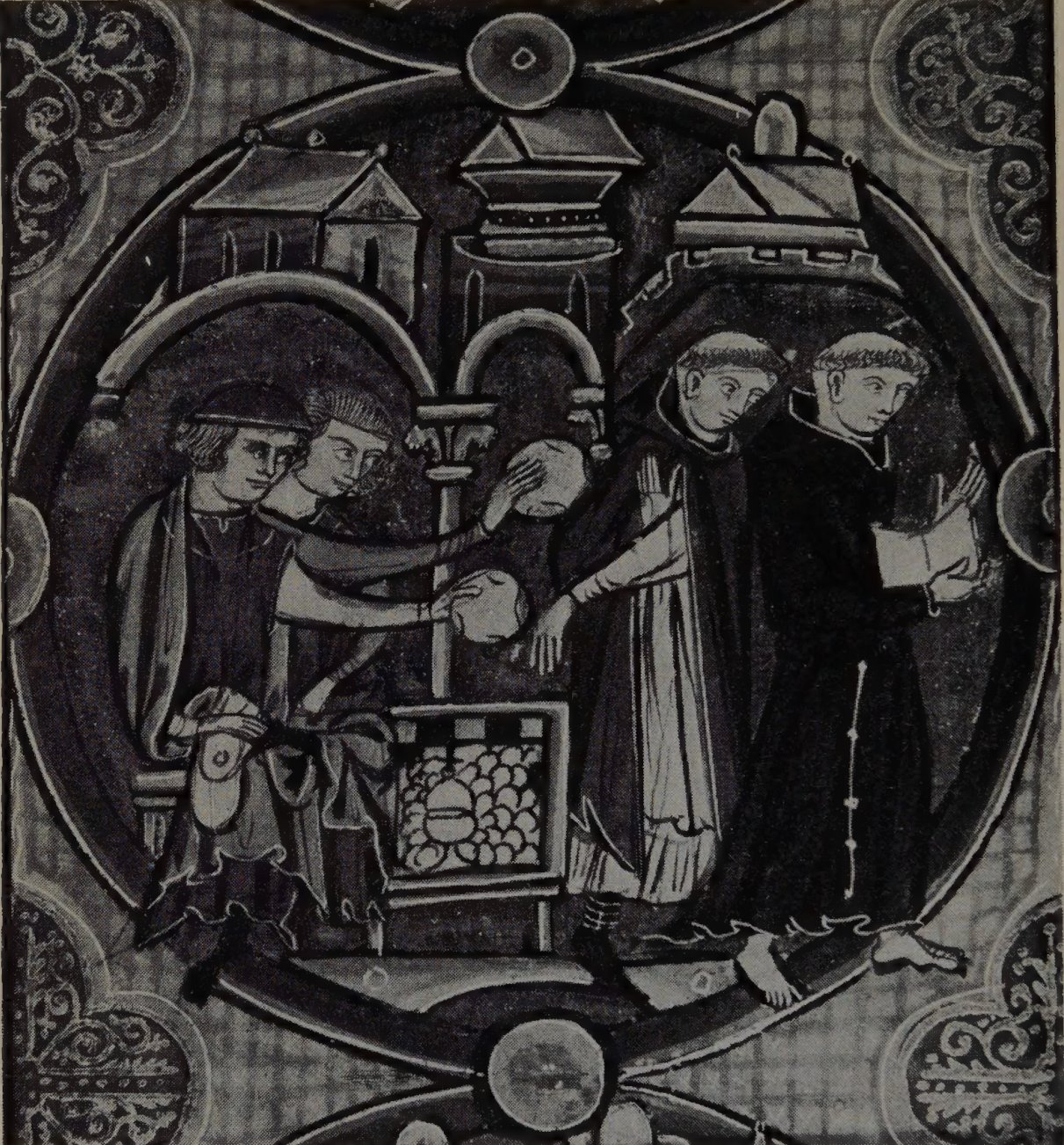 Dominico y franciscano rechazando ofrendas de usureros – Biblia moralizada (París, ca. 1250).