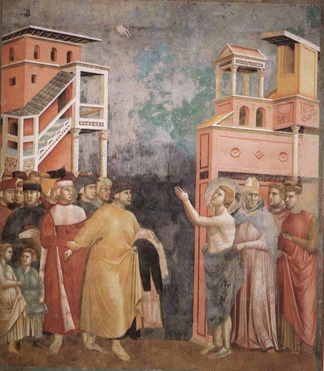 Fresco medieval que representa a san Francisco renunciando a sus bienes ante su padre y el obispo, en presencia de ciudadanos y autoridades, según la tradición hagiográfica.