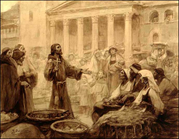 San Francisco de Asís predicando ante comerciantes en una plaza medieval, rodeado de frailes y oyentes.