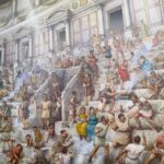 Ilustración recreando al público del Coliseo romano durante un espectáculo, con personas de distintos estatus sociales ocupando las gradas y escenas de interacción y actividad cotidiana.