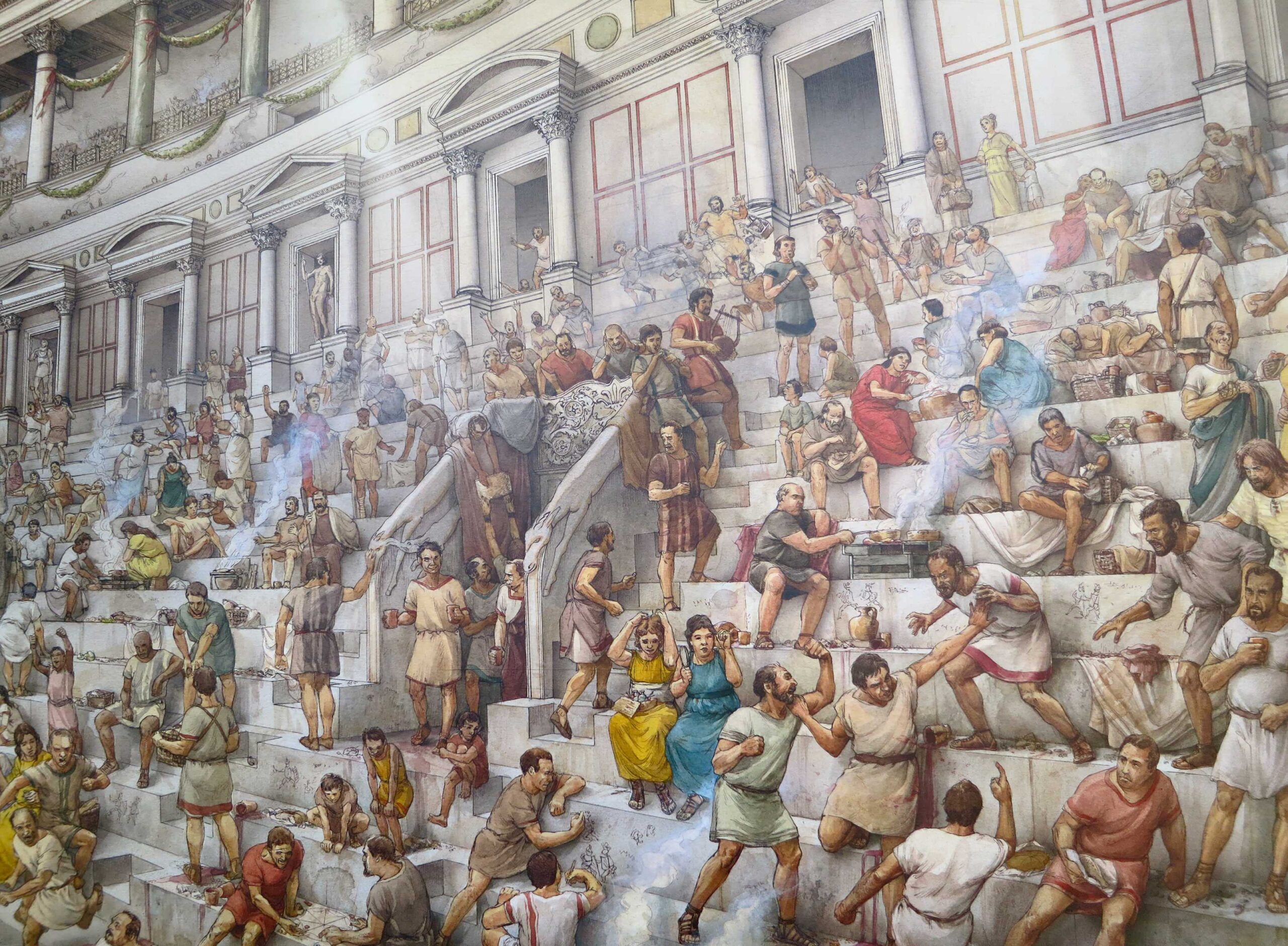 Ilustración recreando al público del Coliseo romano durante un espectáculo, con personas de distintos estatus sociales ocupando las gradas y escenas de interacción y actividad cotidiana.